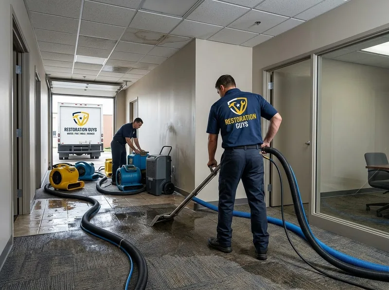 Technician extracting water in a commercial hallway with the restoration truck backed up to the entrance