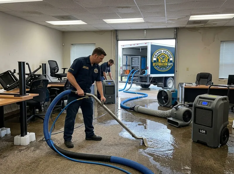 Two technicians extracting water inside a flooded commercial office as the restoration truck backs into the loading bay