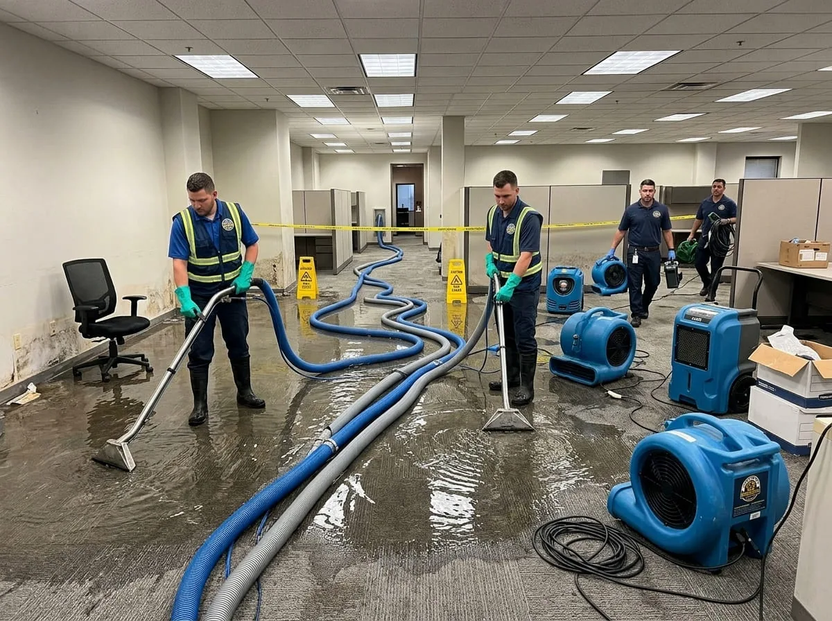 Restoration crew extracting standing water from a flooded commercial office space with air movers staged nearby