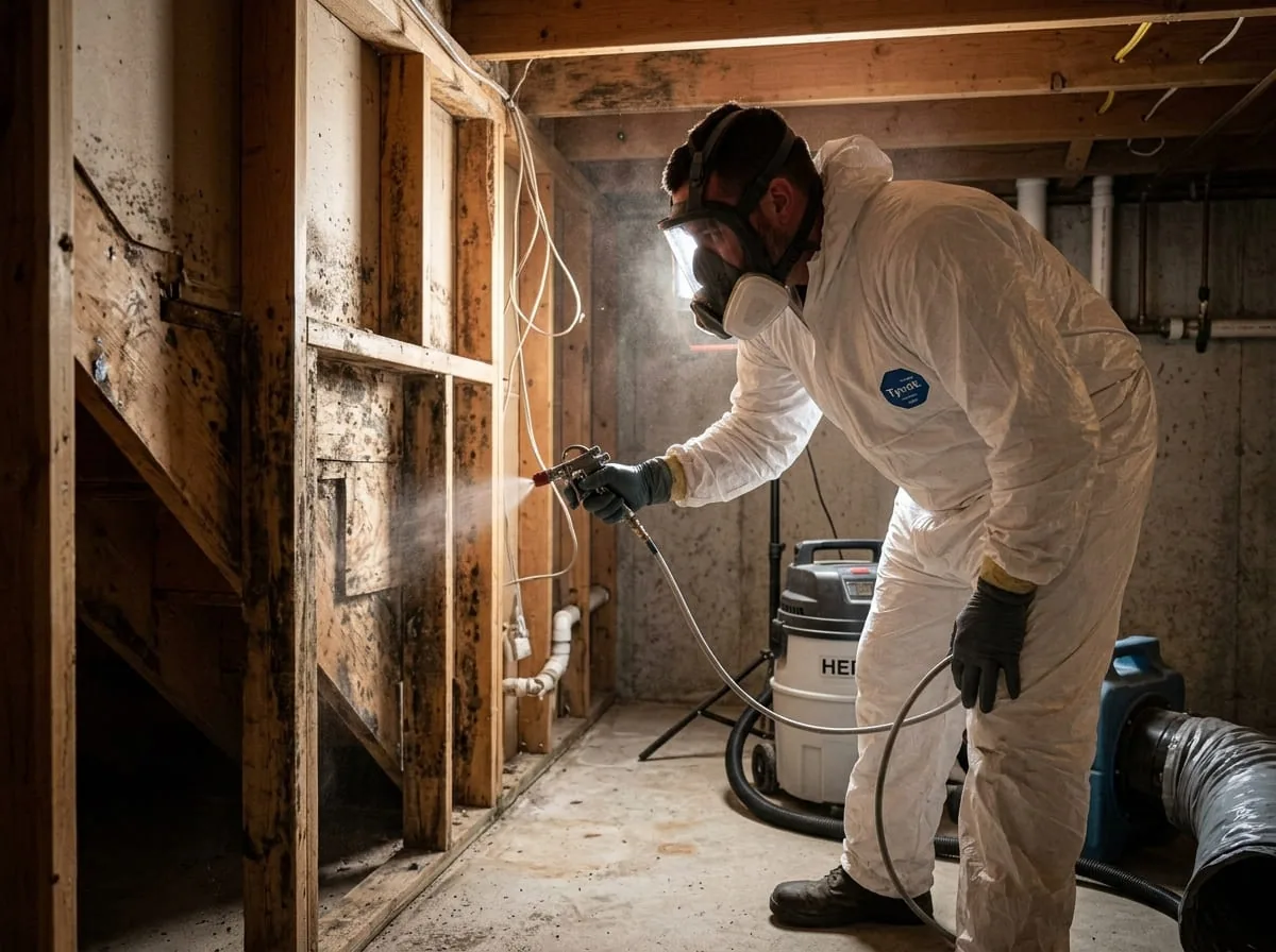 Technician in full protective gear applying an antimicrobial treatment to mold-affected wood framing in a crawl space
