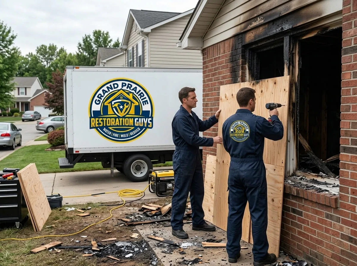 Two technicians boarding up a fire-damaged window and door on a brick home with the restoration truck parked alongside