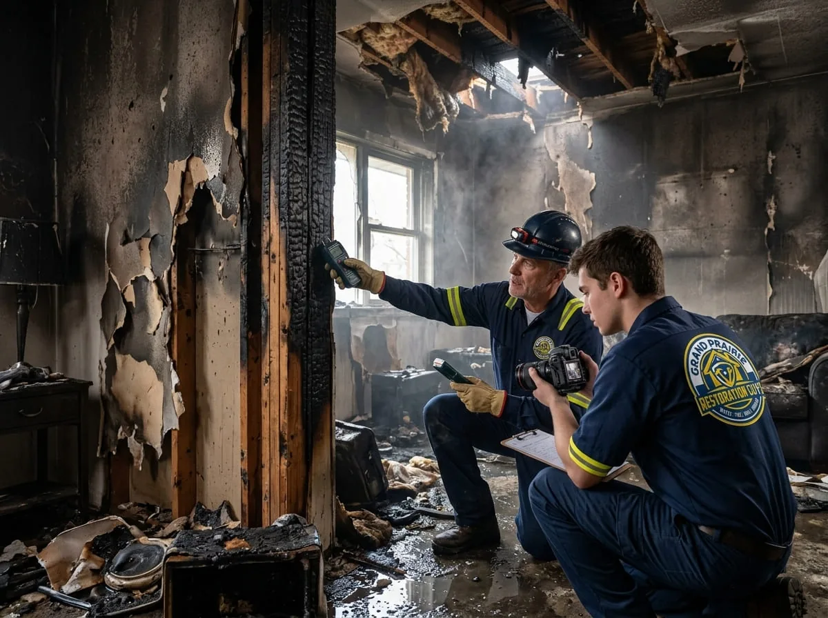 Two restoration technicians in a fire-damaged room, one using a thermal imaging tool while the other photographs the damage for documentation