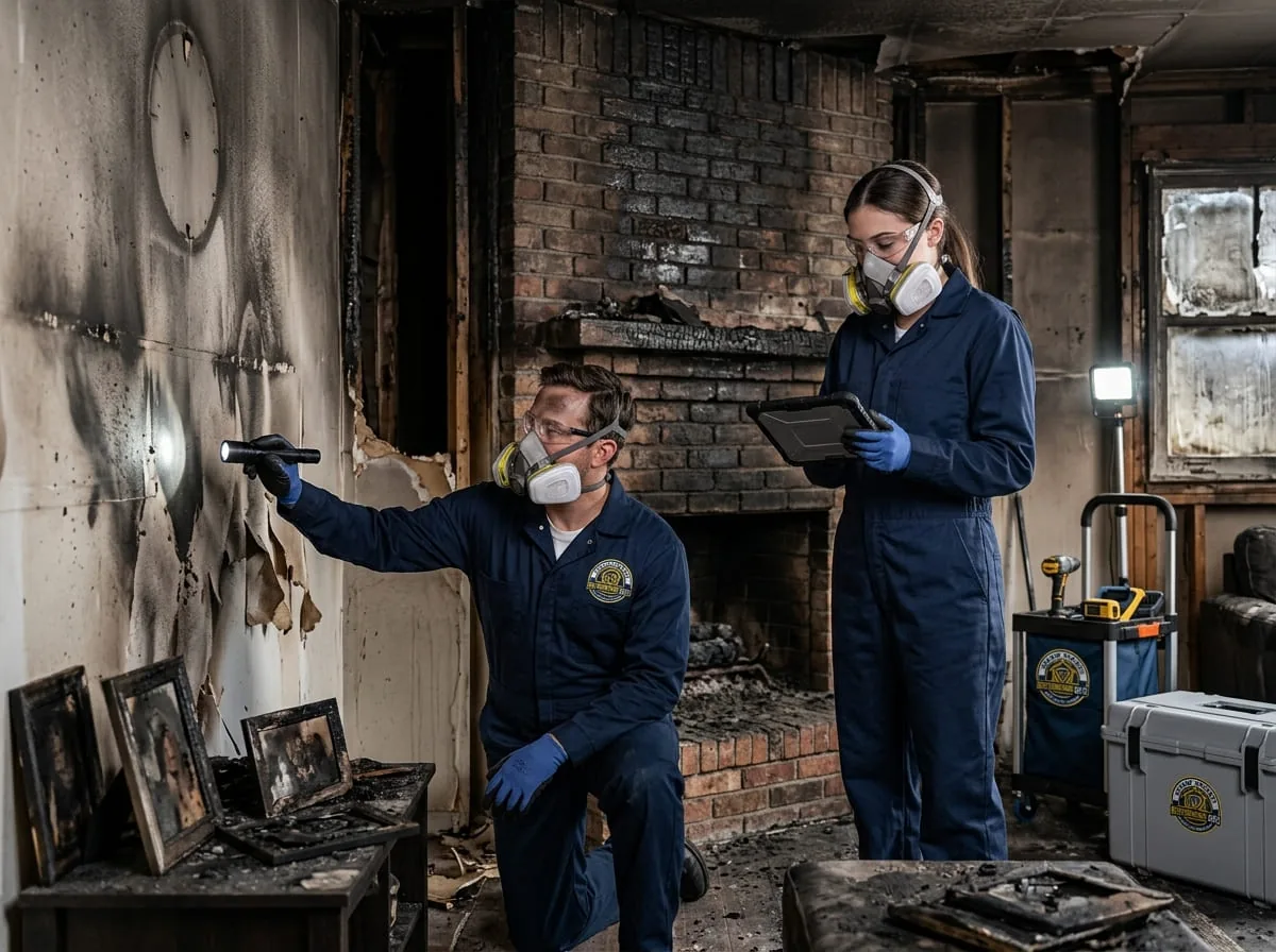 Restoration technicians inspecting fire and smoke damage near a brick fireplace, one holding a flashlight and the other reviewing notes on a tablet
