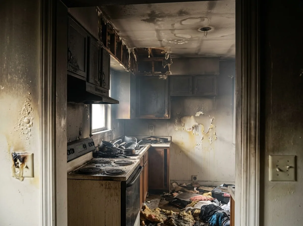 Interior of a kitchen with charred cabinets and heavy soot damage after a house fire