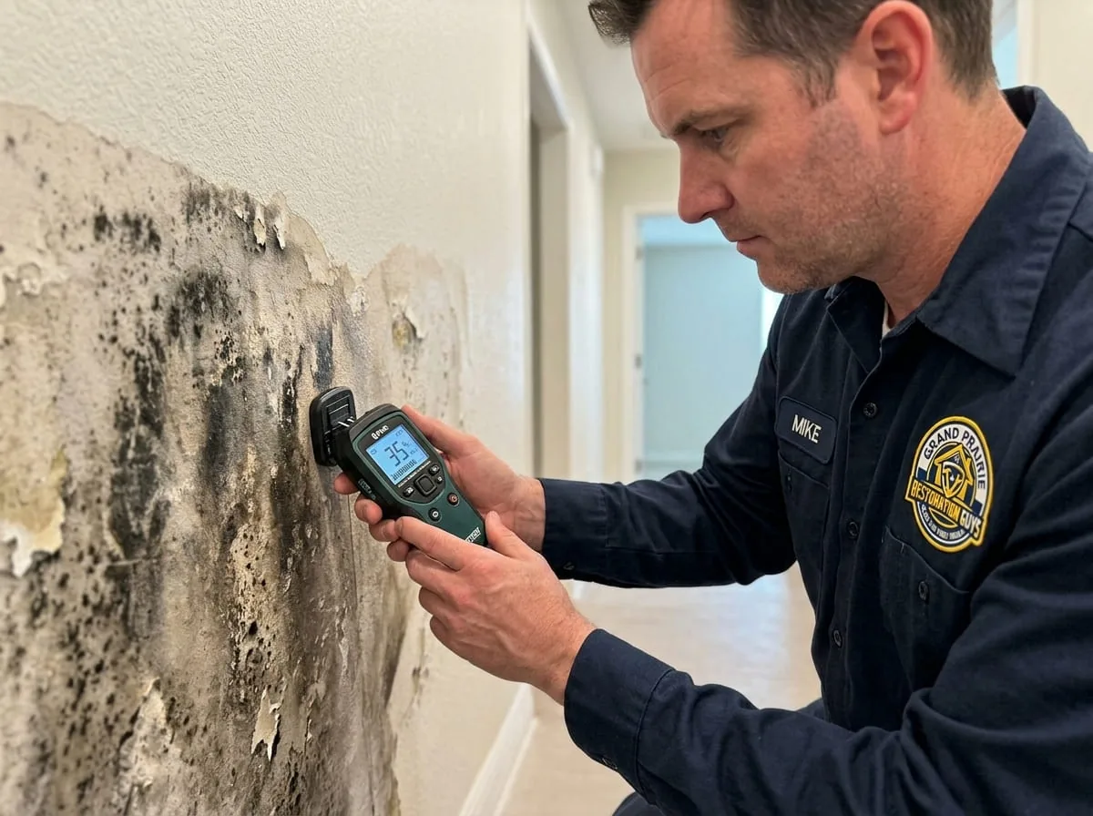 Technician using a moisture meter on a wall with visible mold growth and peeling paint