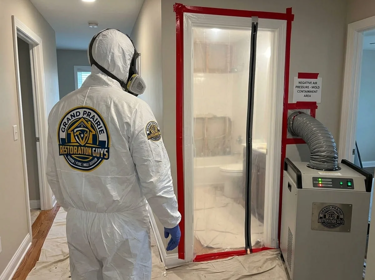 Technician in a protective suit setting up a sealed containment barrier with a negative air machine before mold remediation
