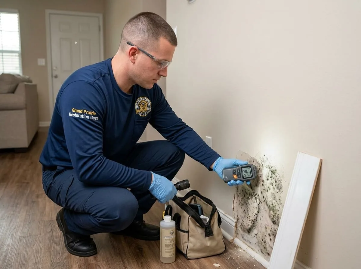 Technician using a moisture meter to examine mold growth on drywall near a removed baseboard