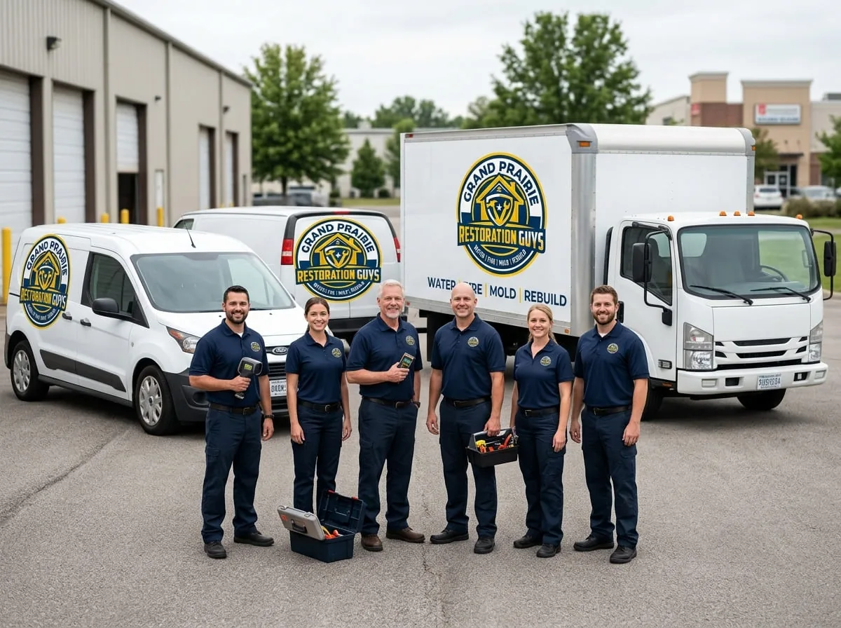A group of restoration professionals dispatched through Grand Prairie Restoration Guys standing beside service vehicles