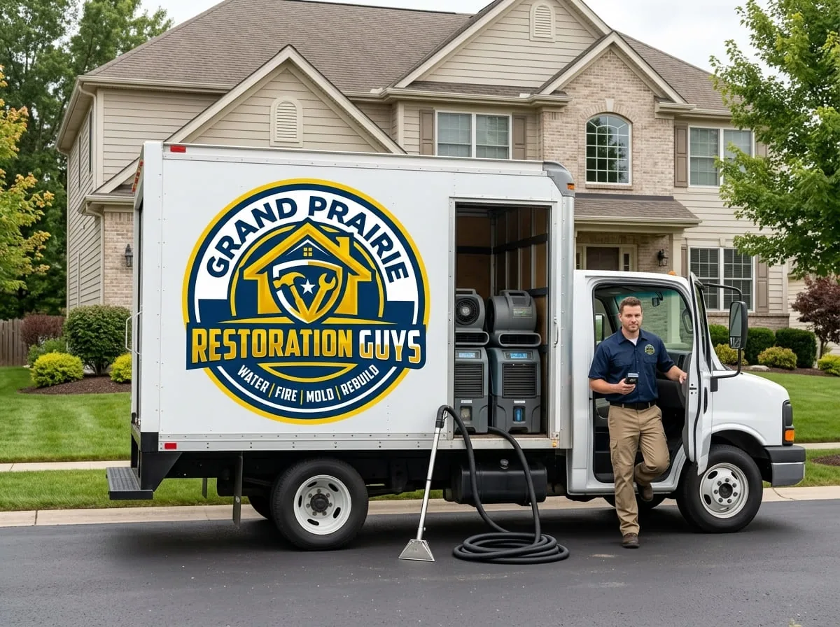 Restoration service truck with equipment staged in the driveway of a Grand Prairie area home