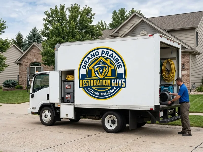 Restoration truck with its side door open showing extraction hose and drying equipment ready for dispatch