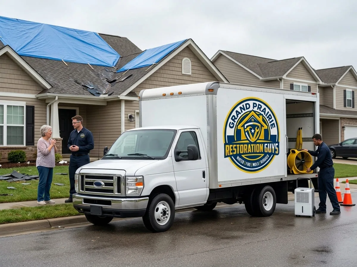 Restoration truck parked outside a home with a blue tarp covering storm-damaged roof shingles