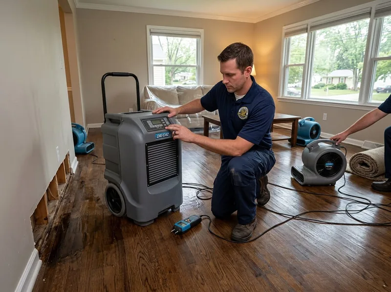 Technician positioning a dehumidifier and air movers on a water-damaged hardwood floor