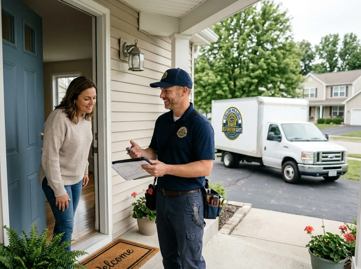 Restoration technician with a clipboard speaking with a homeowner at her front door, service truck parked in the driveway