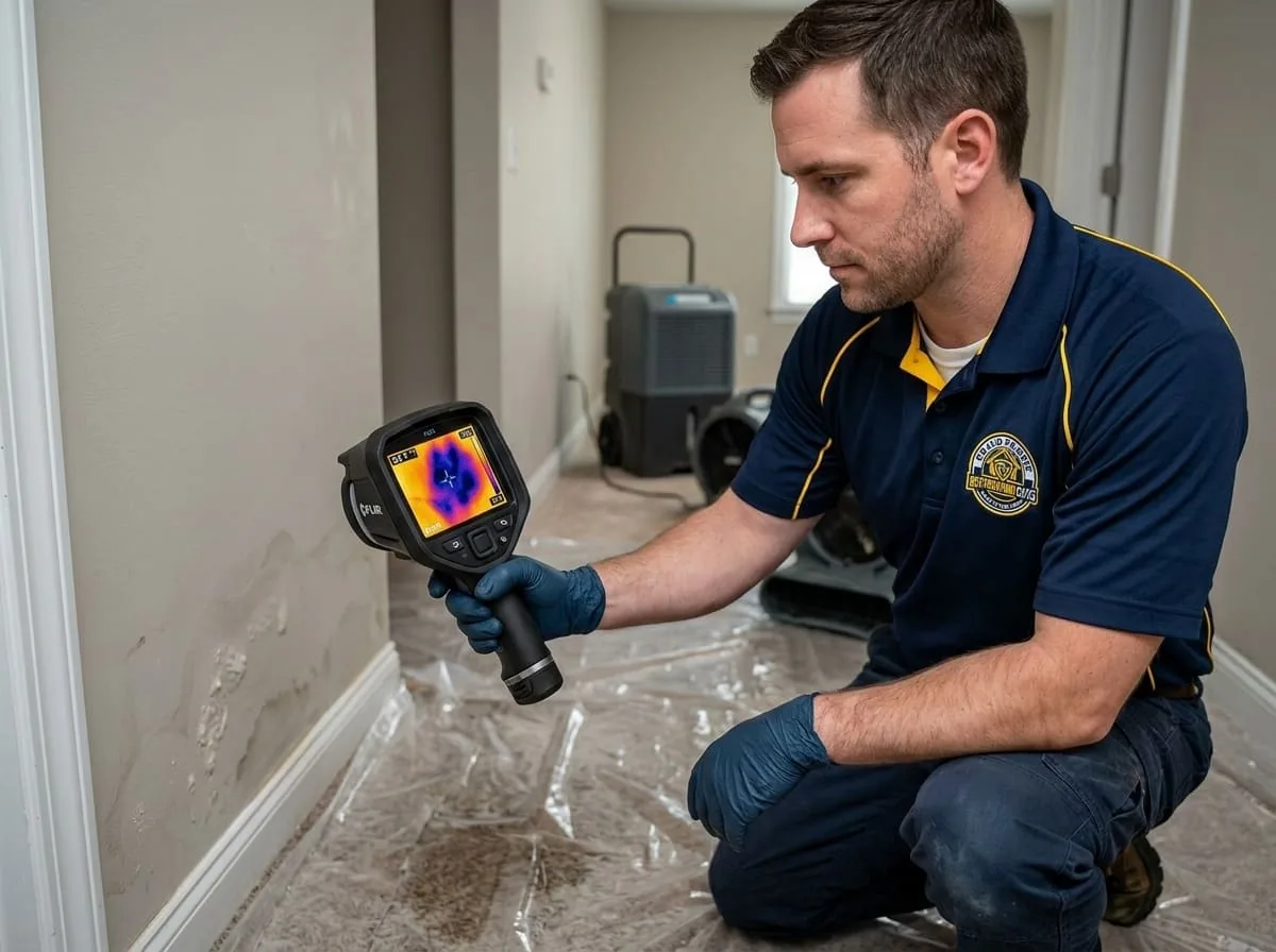 Technician using a thermal imaging camera to check a hallway wall for hidden moisture near a dehumidifier