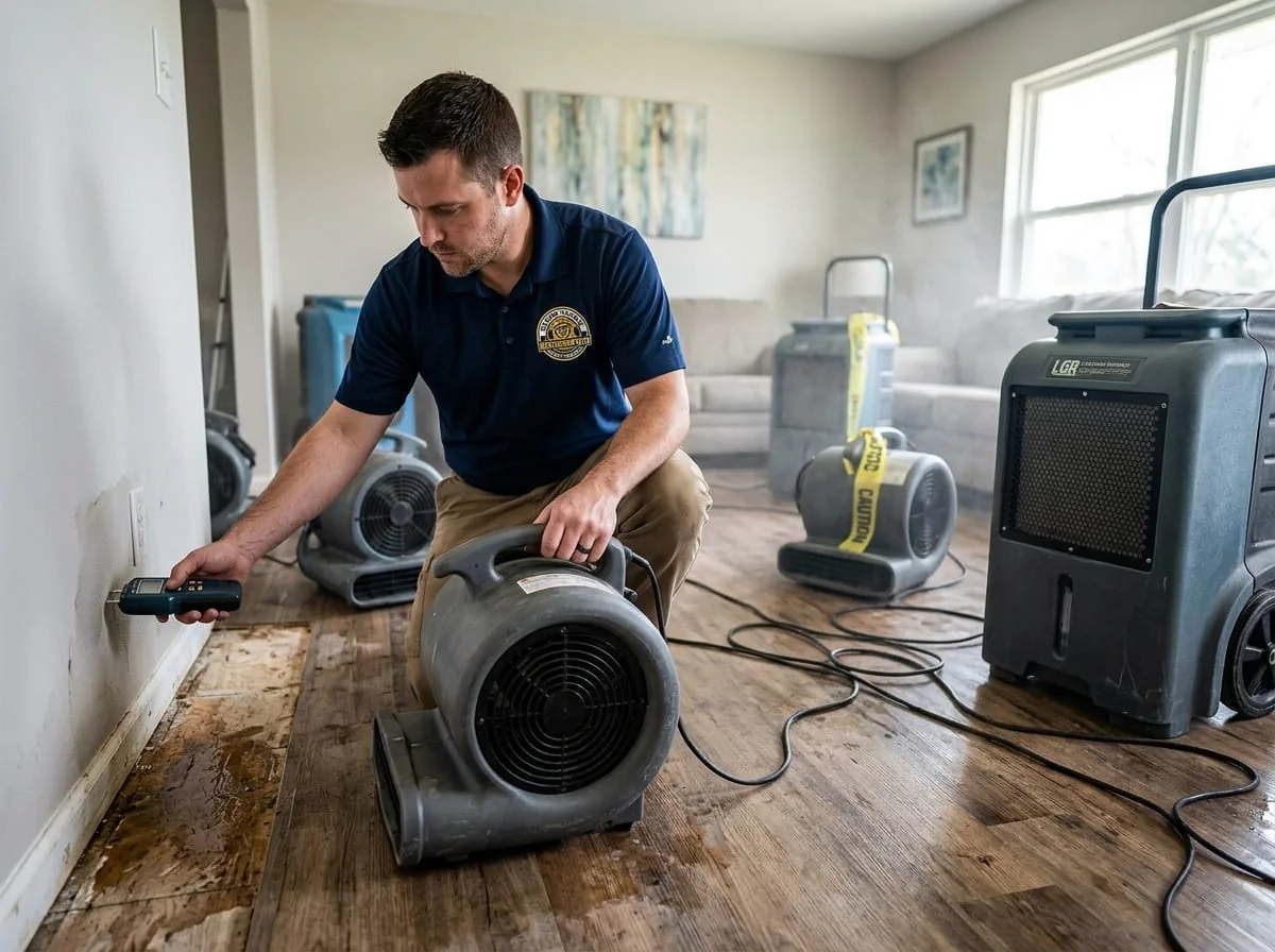 Technician kneeling beside air movers and a dehumidifier drying a water-damaged hardwood floor